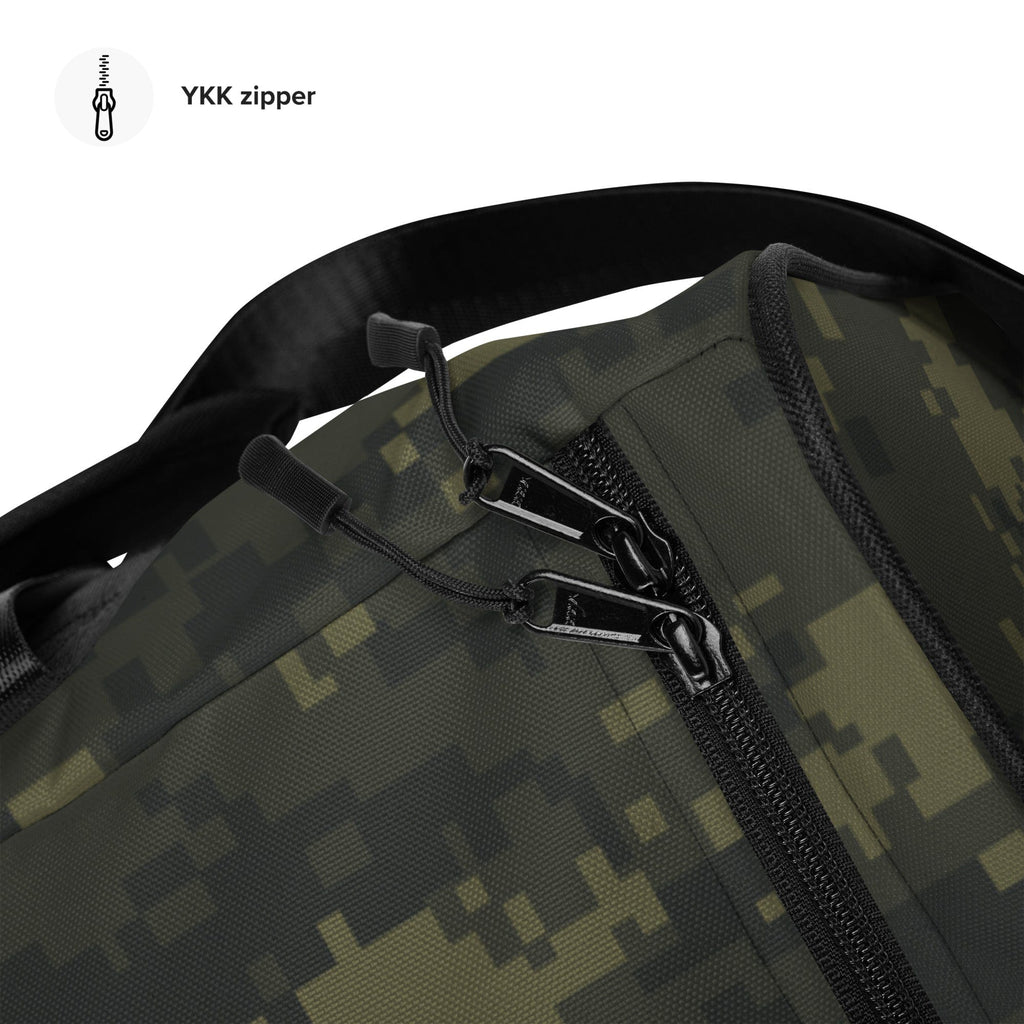 Camouflage duffle bag with front zipper and padded top handle loops