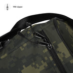 Camouflage duffle bag with front zipper and padded top handle loops
