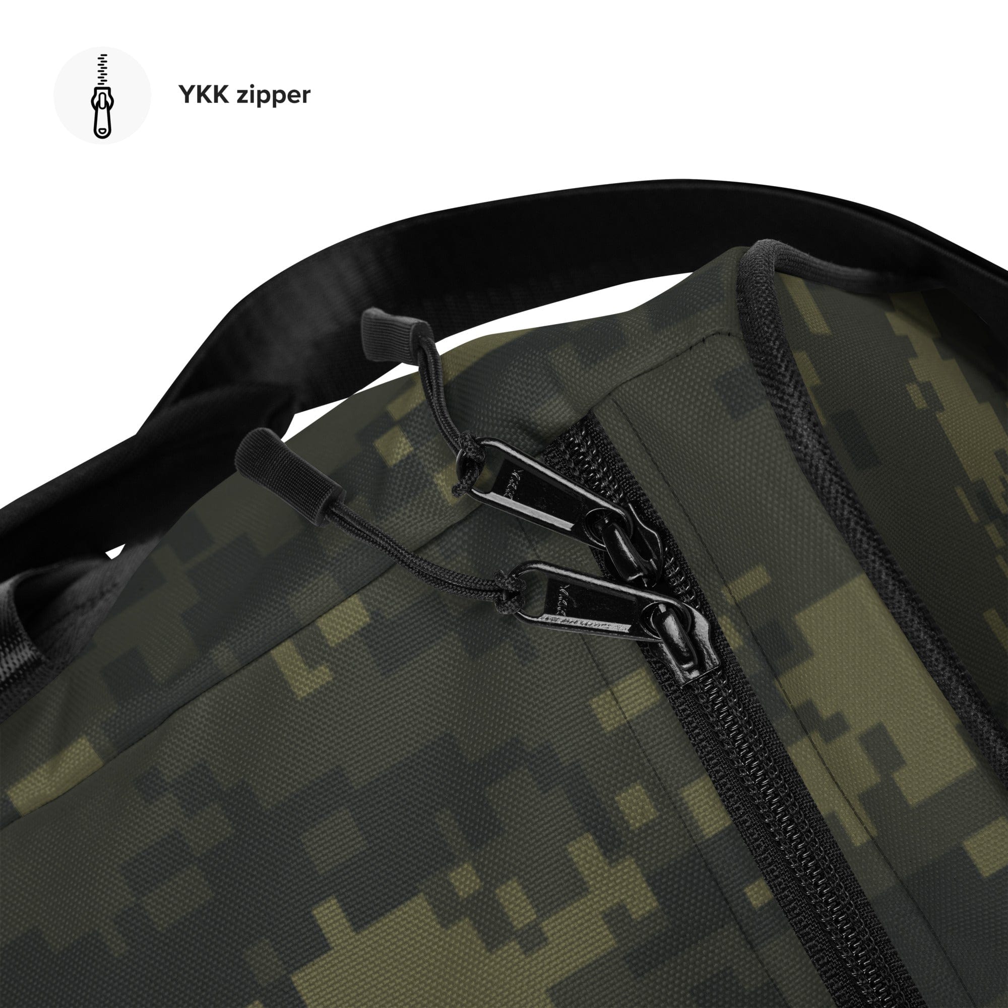 Camouflage duffle bag with front zipper and padded top handle loops