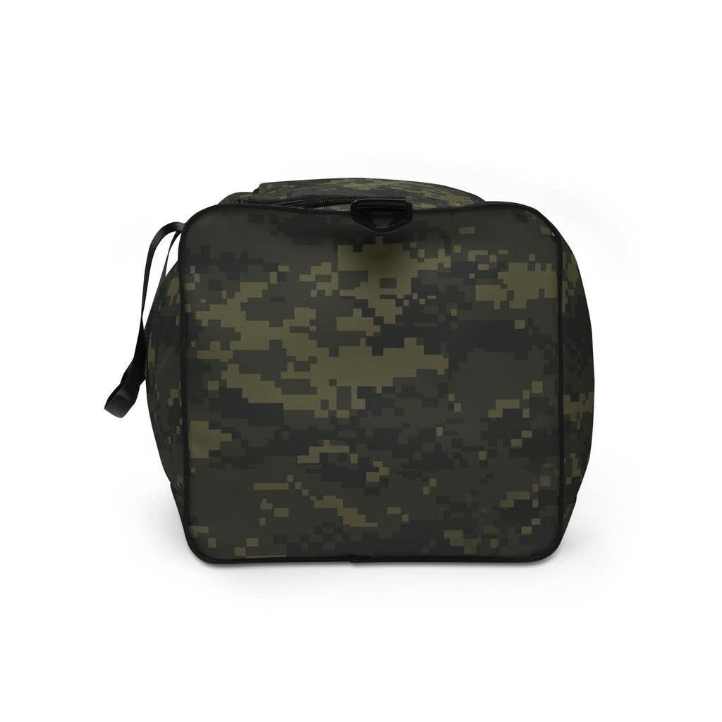 Camouflage duffle bag with rounded front, top carry handle, and side zipper