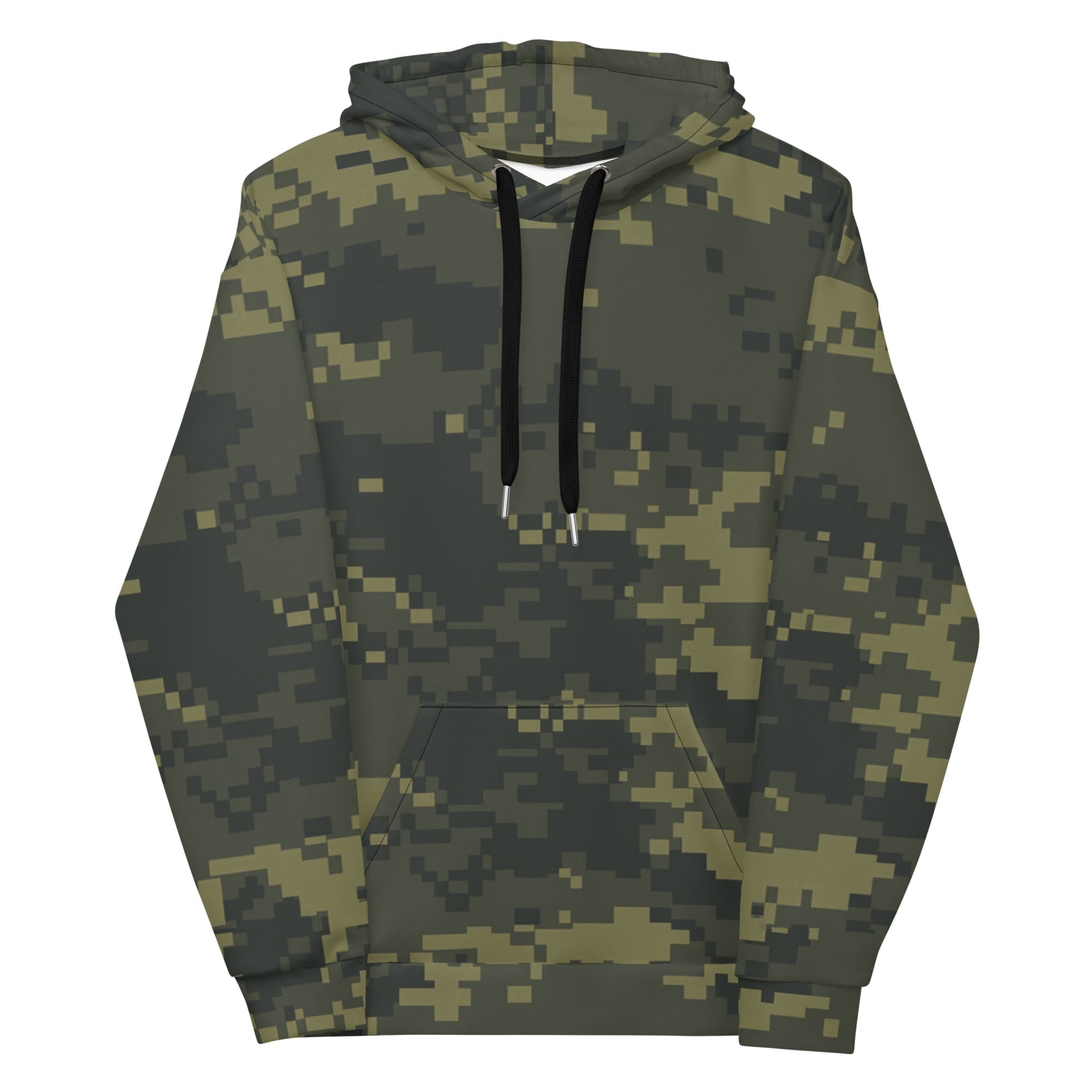 Unisex camo hoodie in dark green with black drawstrings and front kangaroo pocket