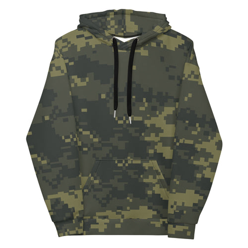 Unisex camo hoodie in dark green with black drawstrings and front kangaroo pocket
