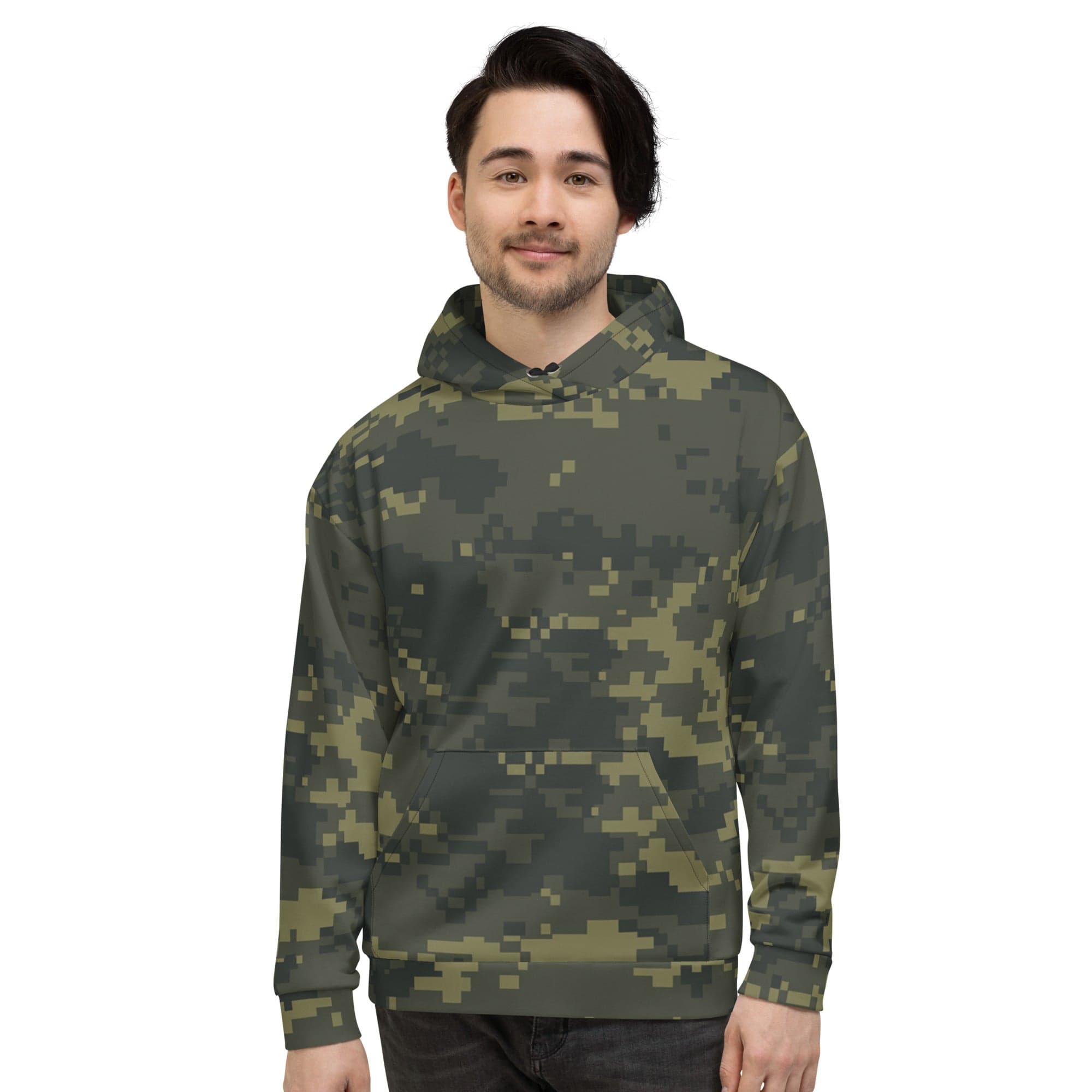 Camouflage unisex hoodie with pullover hood, black drawstrings, front pouch pocket