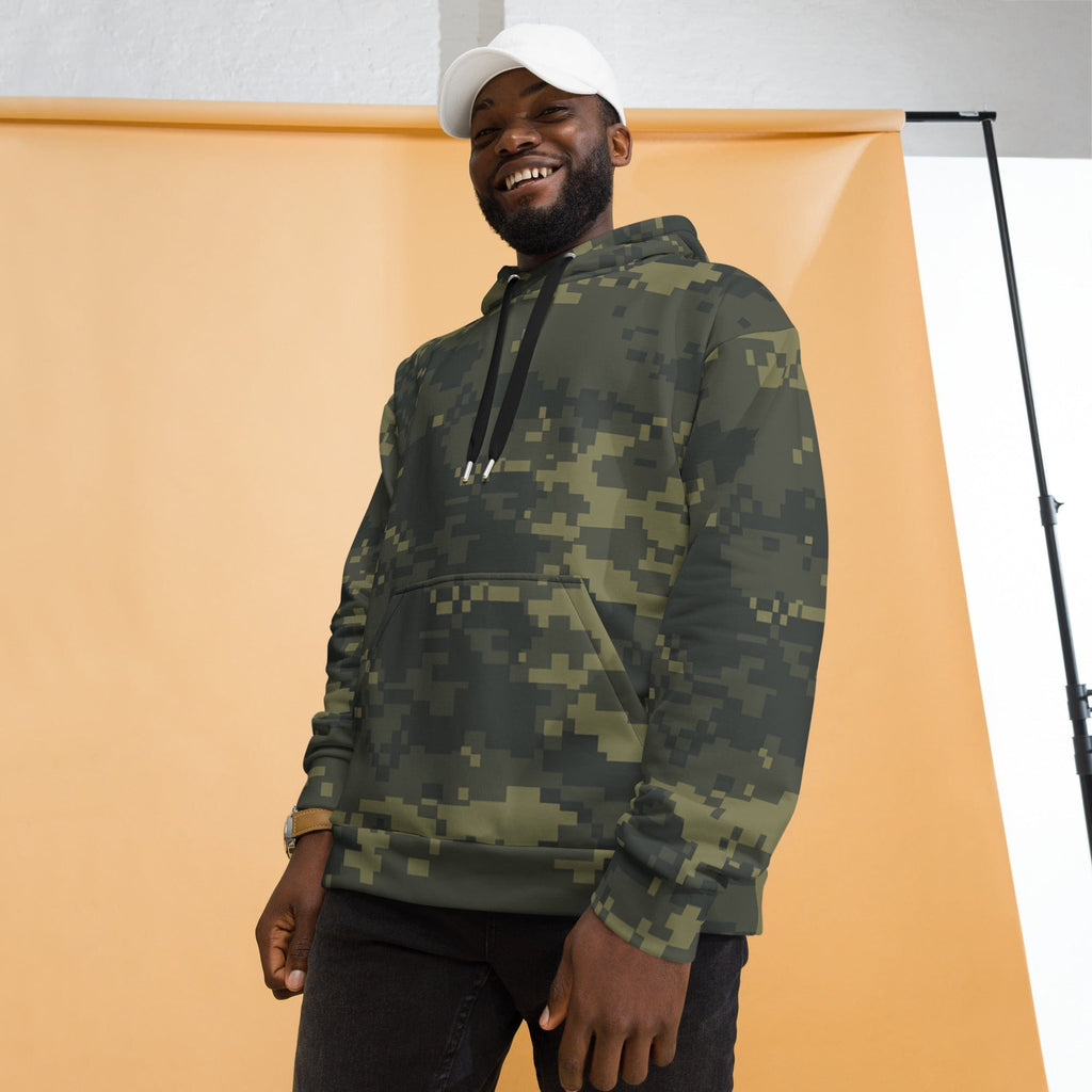 Camouflage hoodie on model wearing a white cap; pullover hood with black drawstrings