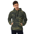 Camouflage unisex pullover hoodie with hood and black drawstrings, front pocket