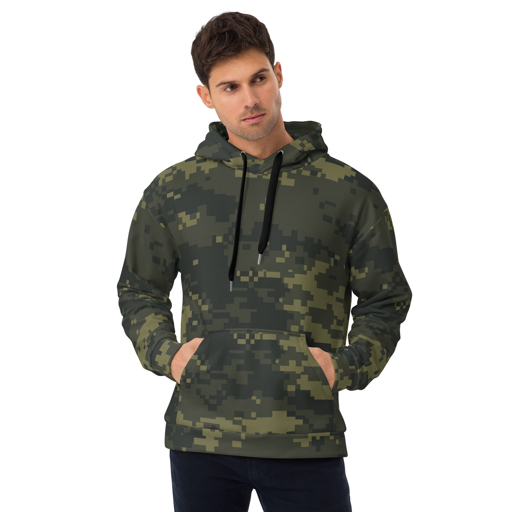 Camouflage unisex pullover hoodie with hood and black drawstrings, front pocket