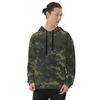 Camouflage unisex hoodie with pullover hood and black drawstrings, long sleeves
