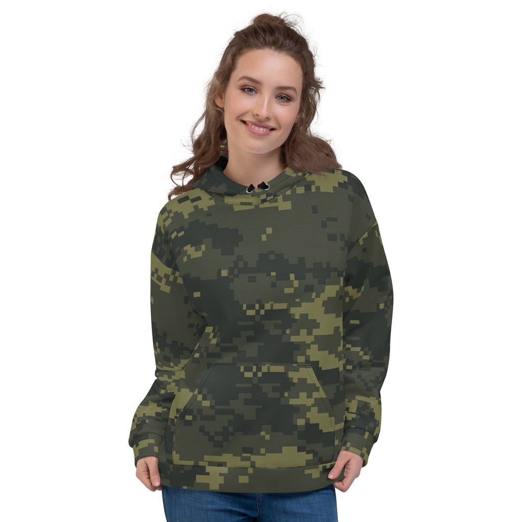 Camouflage hoodie on model with hood and black drawstrings, front pouch pocket