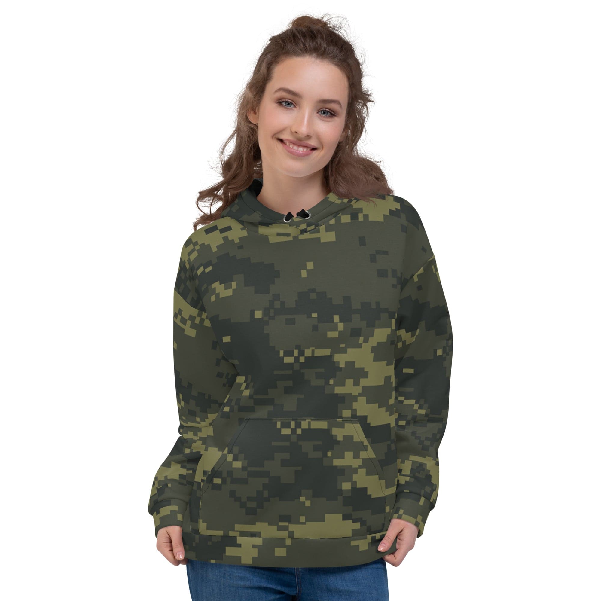 Camouflage hoodie on model with hood and black drawstrings, front pouch pocket