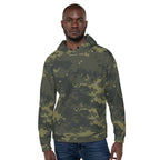 Camouflage unisex hoodie with hood and black drawstrings, front pouch pocket, long sleeves