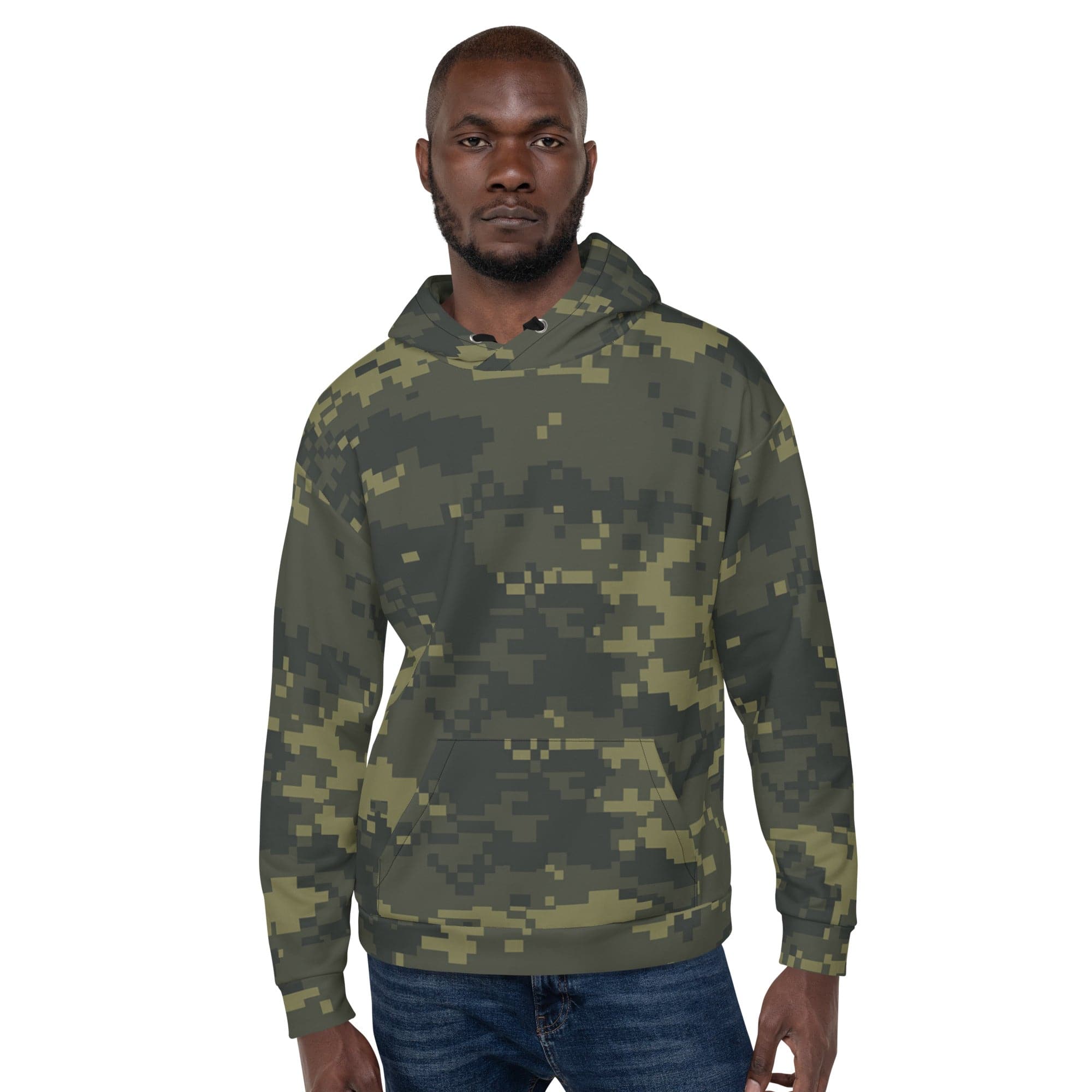 Camouflage unisex hoodie with hood and black drawstrings, front pouch pocket, long sleeves