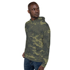 Camouflage hoodie on model from back side; pullover hood with black drawstrings