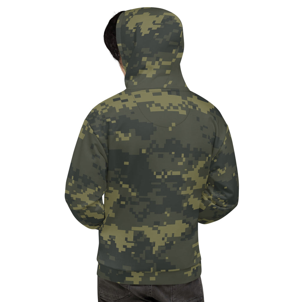 Back view of camouflage unisex hoodie with pullover hood and black drawstrings