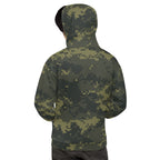 Back view of camouflage unisex hoodie with pullover hood and black drawstrings