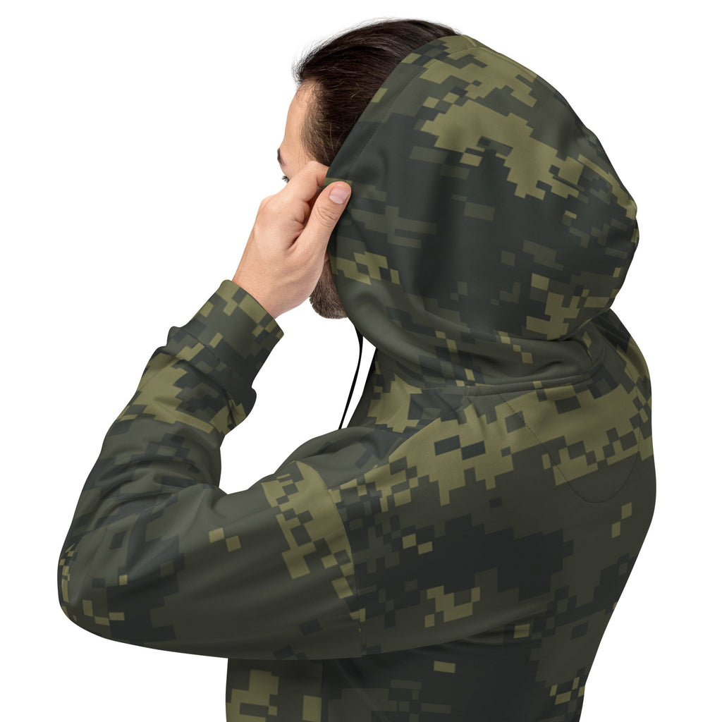 Unisex digital camo hoodie, hooded back view with drawstring and front kangaroo pocket