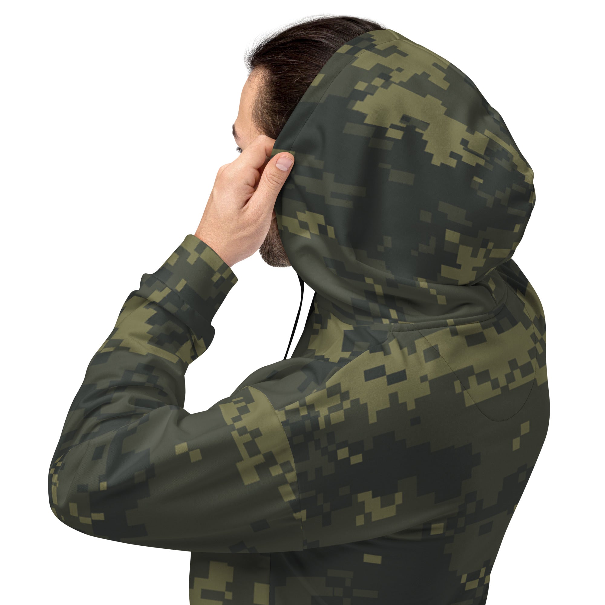 Unisex digital camo hoodie, hooded back view with drawstring and front kangaroo pocket