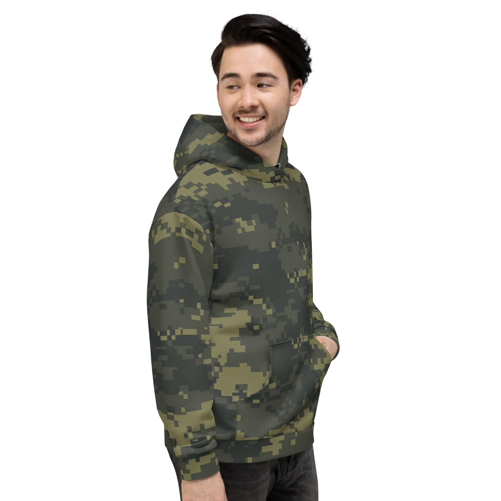 Unisex digital camo hoodie in dark olive and green, front view with kangaroo pocket