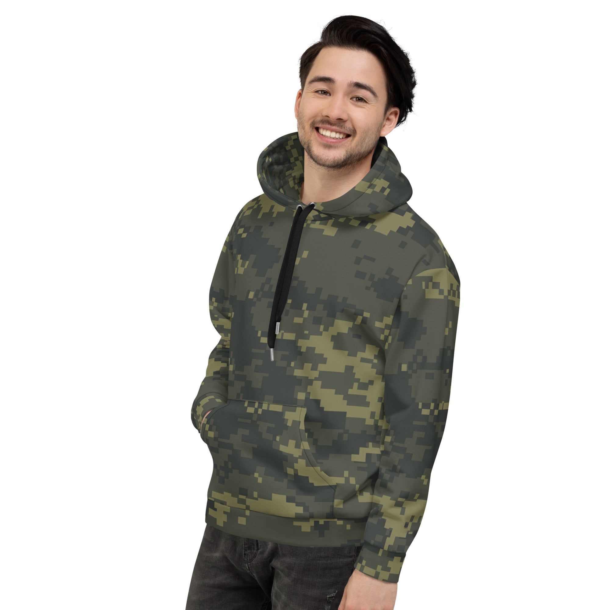Unisex digital camo hoodie in dark olive, front view with zipless hood and pouch pocket