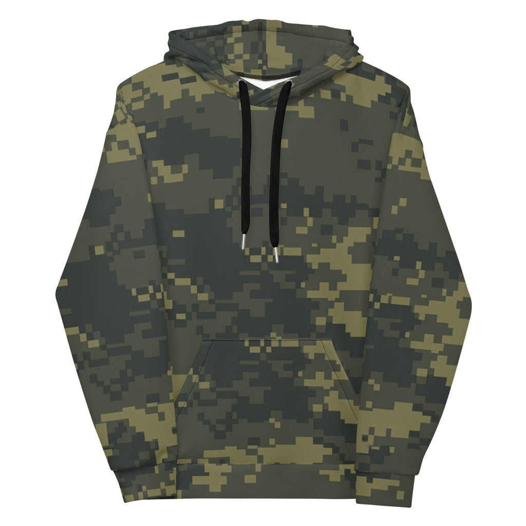 Digital camouflage unisex hoodie with pullover hood and black drawstrings