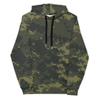 Digital camouflage unisex hoodie with pullover hood and black drawstrings
