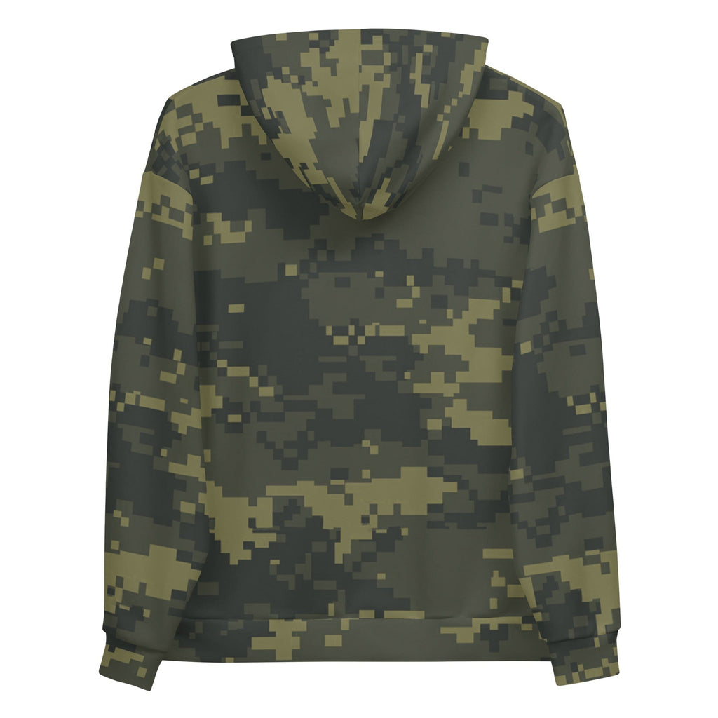 Unisex digital camo hoodie back view with hood and full camo pattern