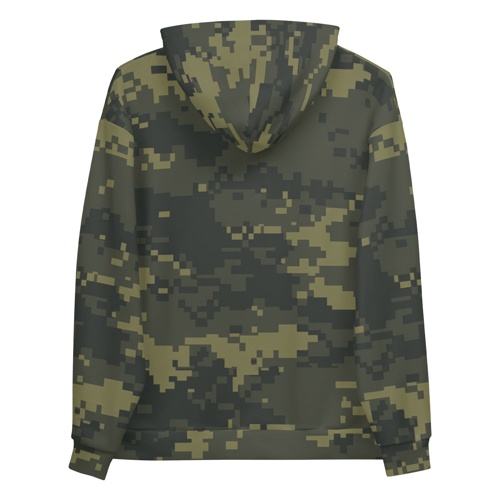 Unisex digital camo hoodie back view with hood and full camo pattern