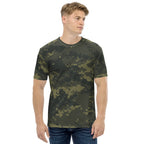 Men's digital camo T-shirt, dark olive green crew neck with short sleeves