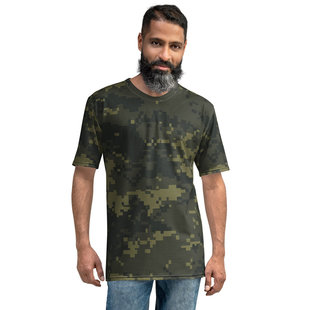 Men's digital camo T-shirt, olive green crew neck short sleeves with pixel pattern