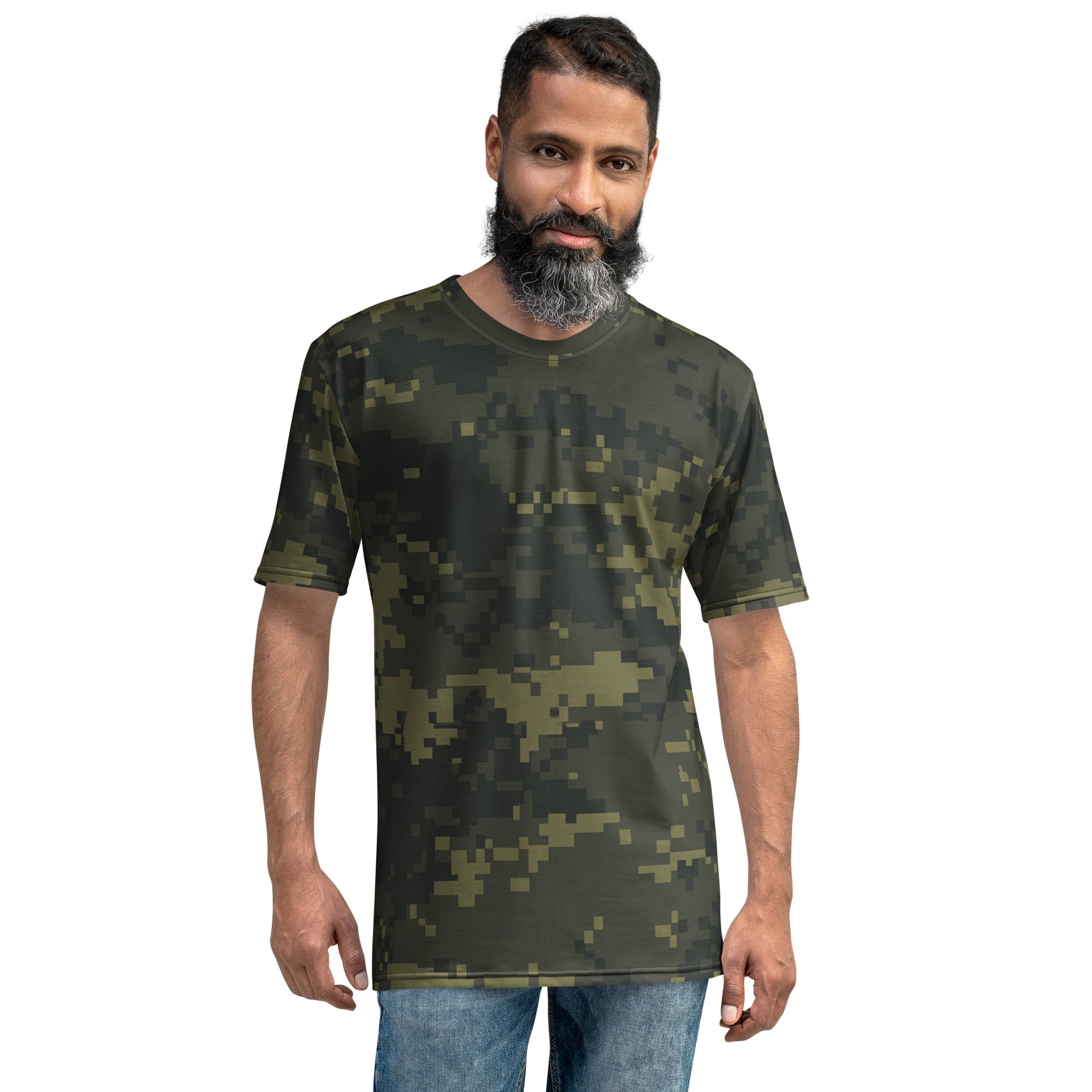 Men's digital camo T-shirt, olive green crew neck short sleeves with pixel pattern