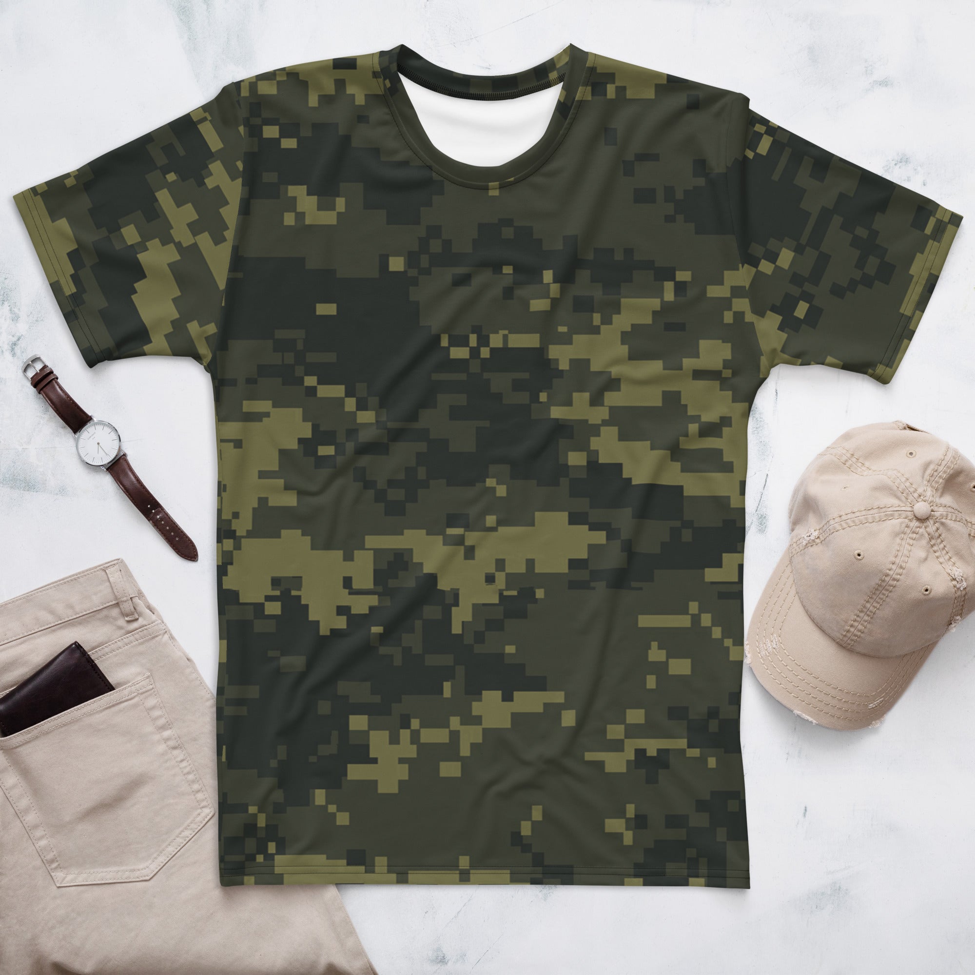 Digital camo T-shirt with crew neck and short sleeves, dark olive green pixel print