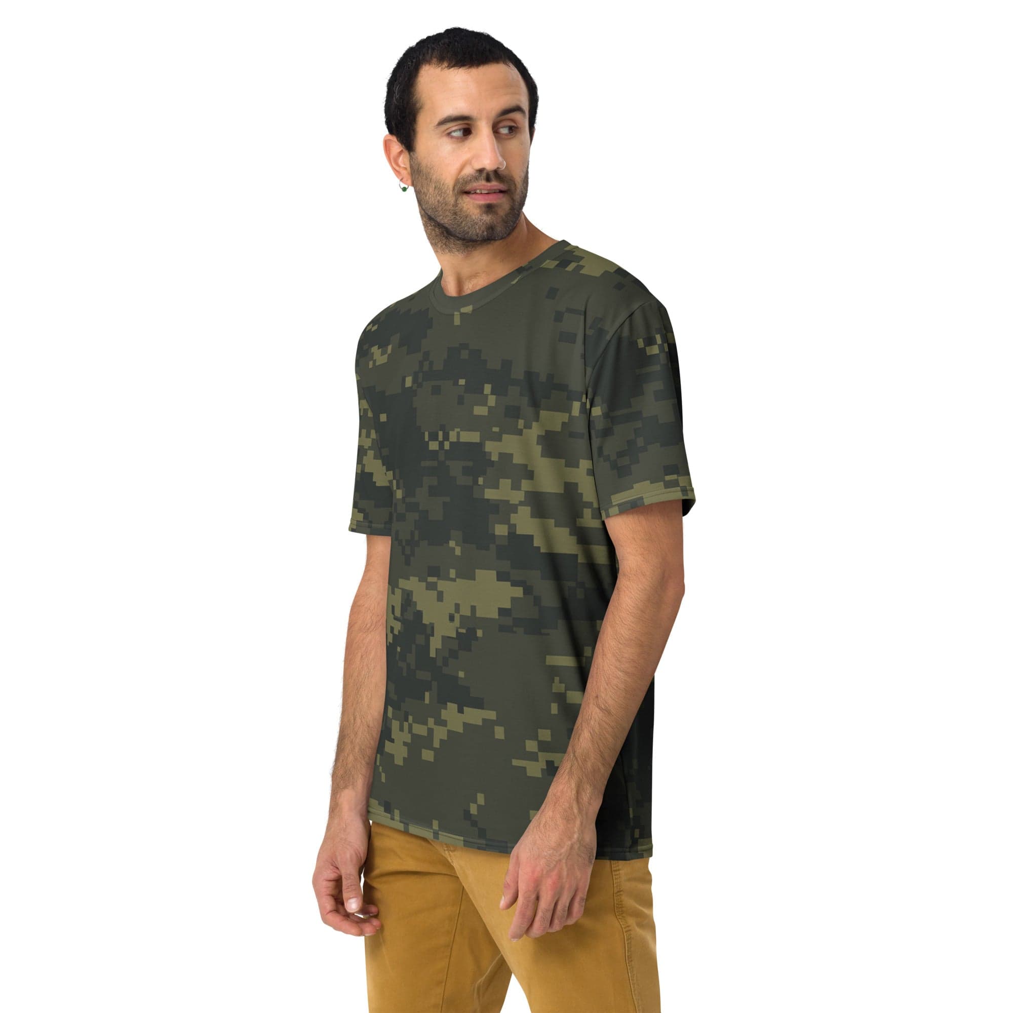 Men's digital camo T-shirt with short sleeves and crew neck, dark olive green