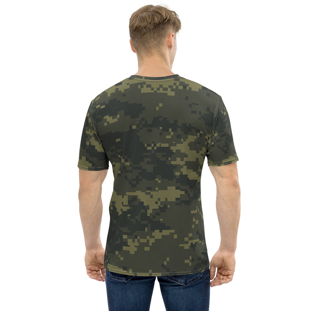 Men's digital camo T-shirt, back view with crew neck and short sleeves, olive green