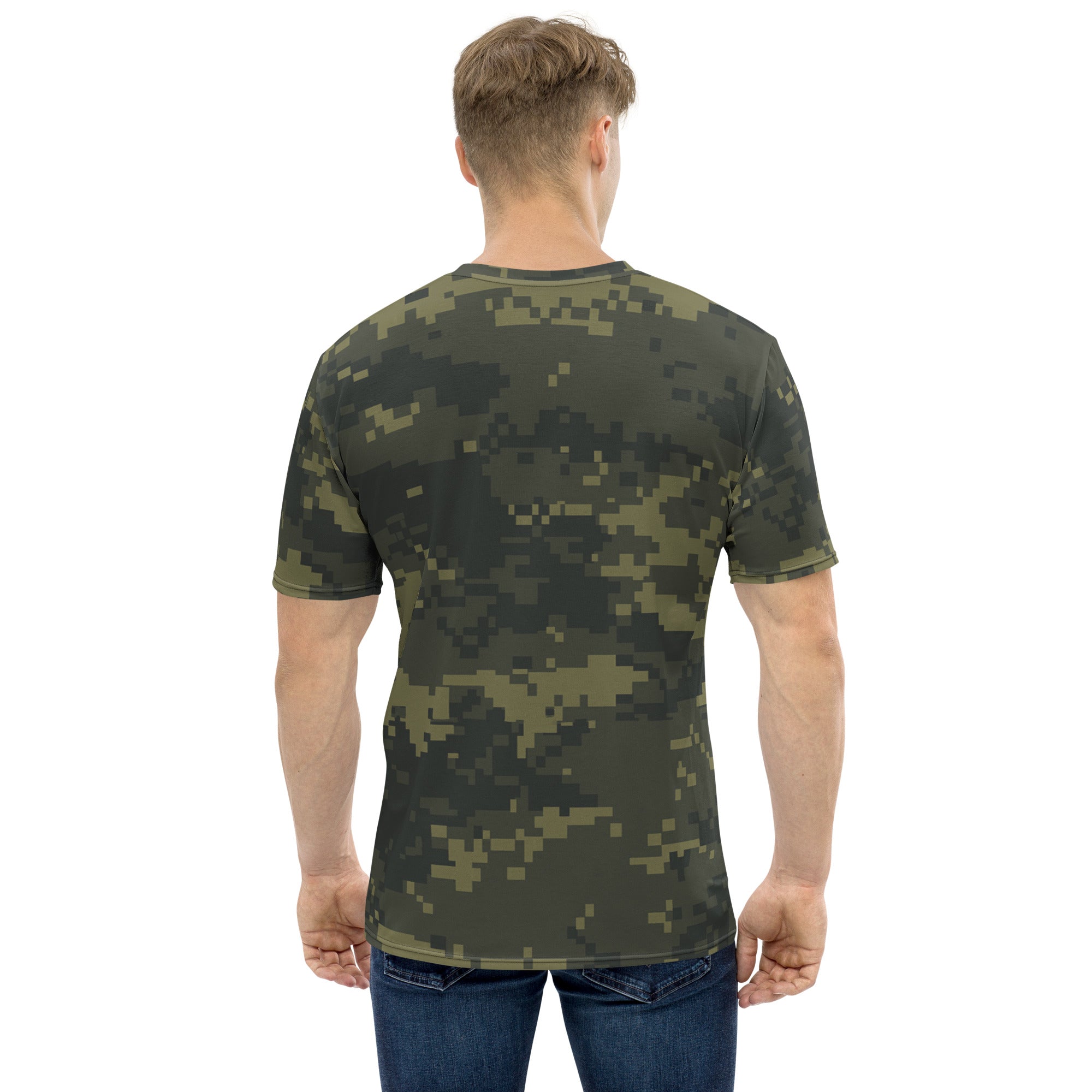 Men's digital camo T-shirt, back view with crew neck and short sleeves, olive green