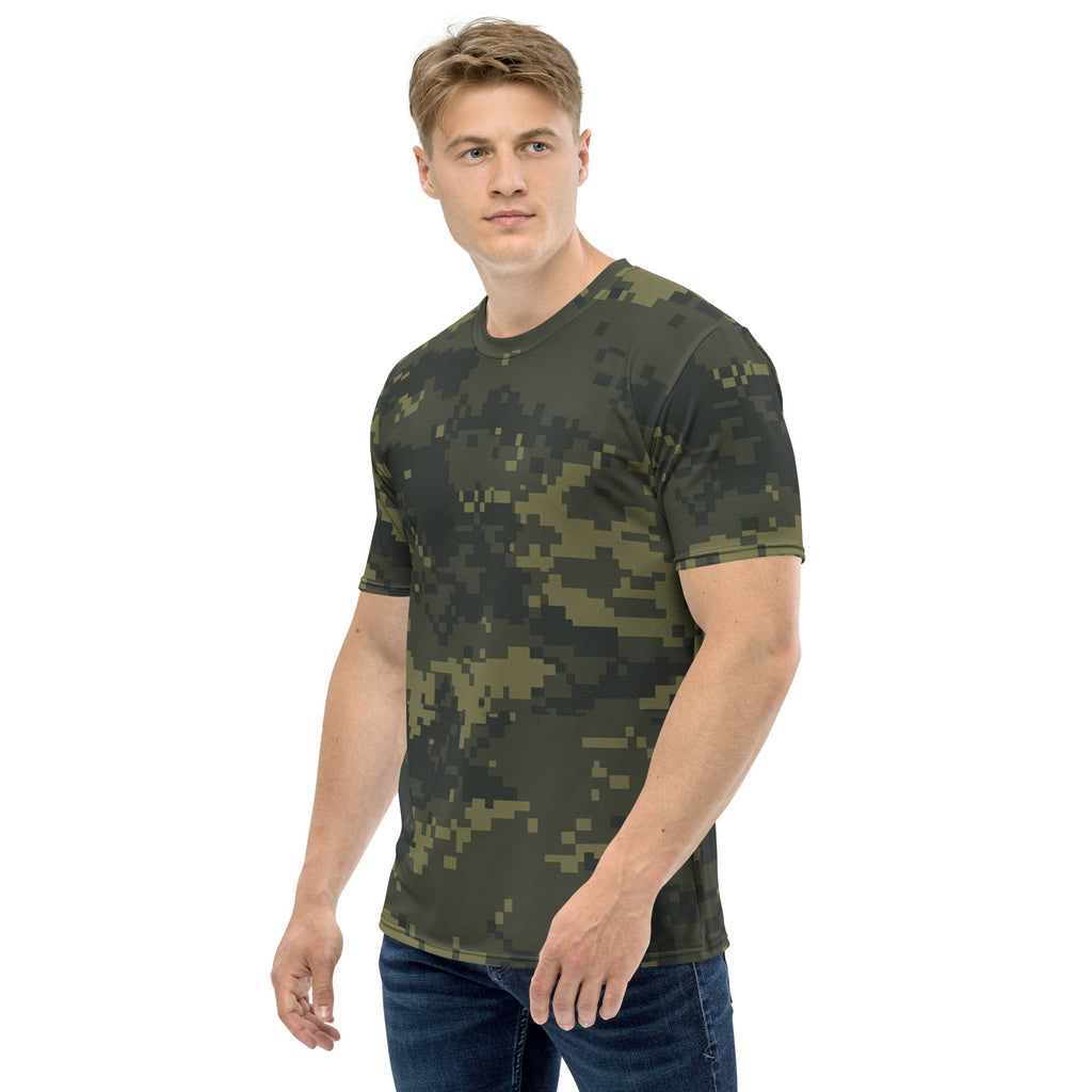 Men's digital camo T-shirt, short-sleeve crew neck, dark olive green pixel camo