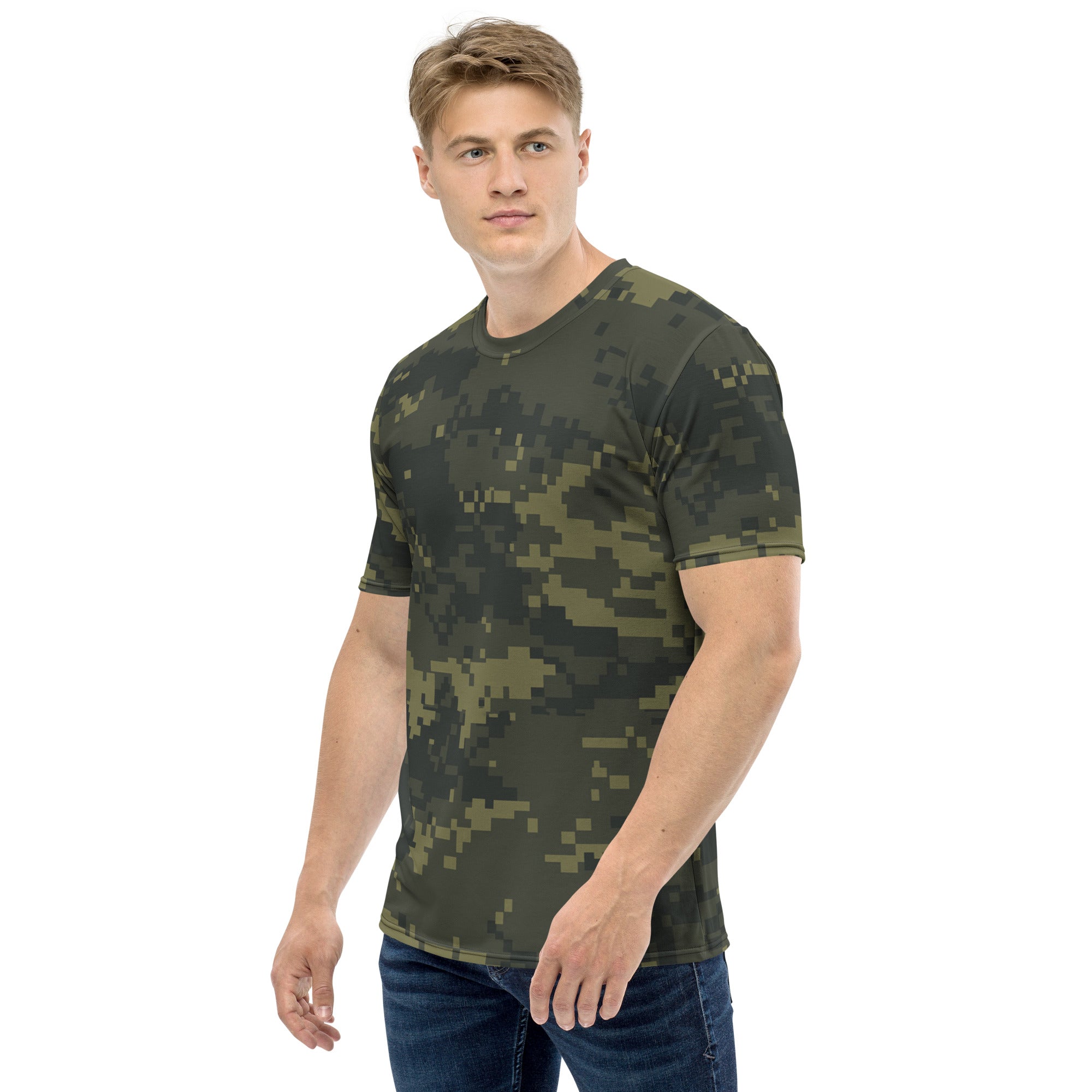 Men's digital camo T-shirt, short-sleeve crew neck, dark olive green pixel camo