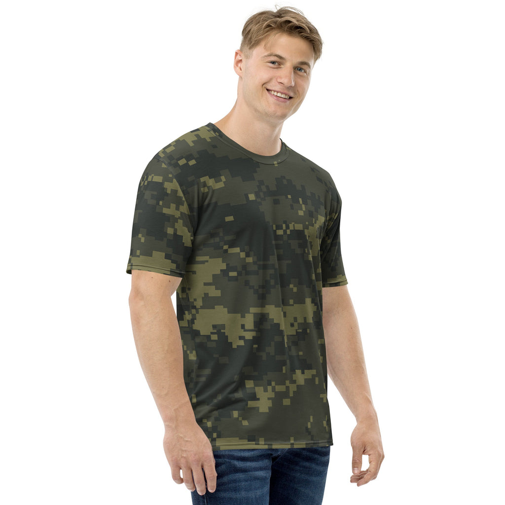 Men's digital camo T-shirt with crew neck and short sleeves, dark olive green pixel camo