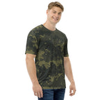 Men's digital camo T-shirt with crew neck and short sleeves, dark olive green pixel camo