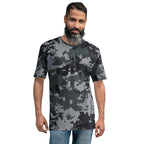 Men's digital camo T-shirt, crew neck short sleeves on model, dark gray pixel pattern