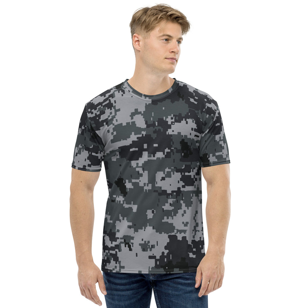 Men's digital camo crew-neck T-shirt with short sleeves, pixel camouflage in dark gray