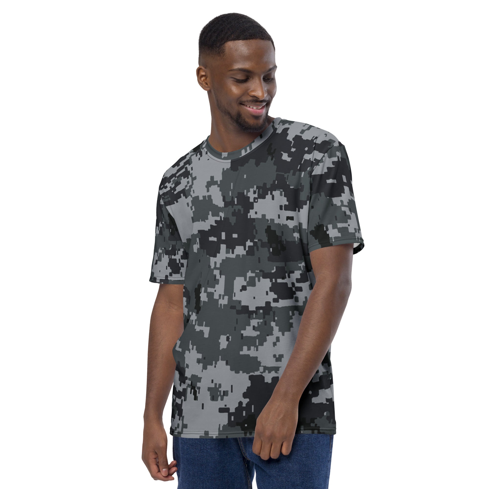 Men's digital camo T-shirt on model, short sleeves and crew neck, dark gray pattern