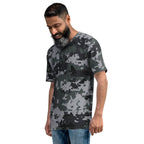 Men's digital camo T-shirt on model, crew neck short sleeves, dark gray pixel print