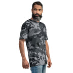 Men's digital camo T-shirt on model, short sleeves and crew neck, dark gray pixel camo