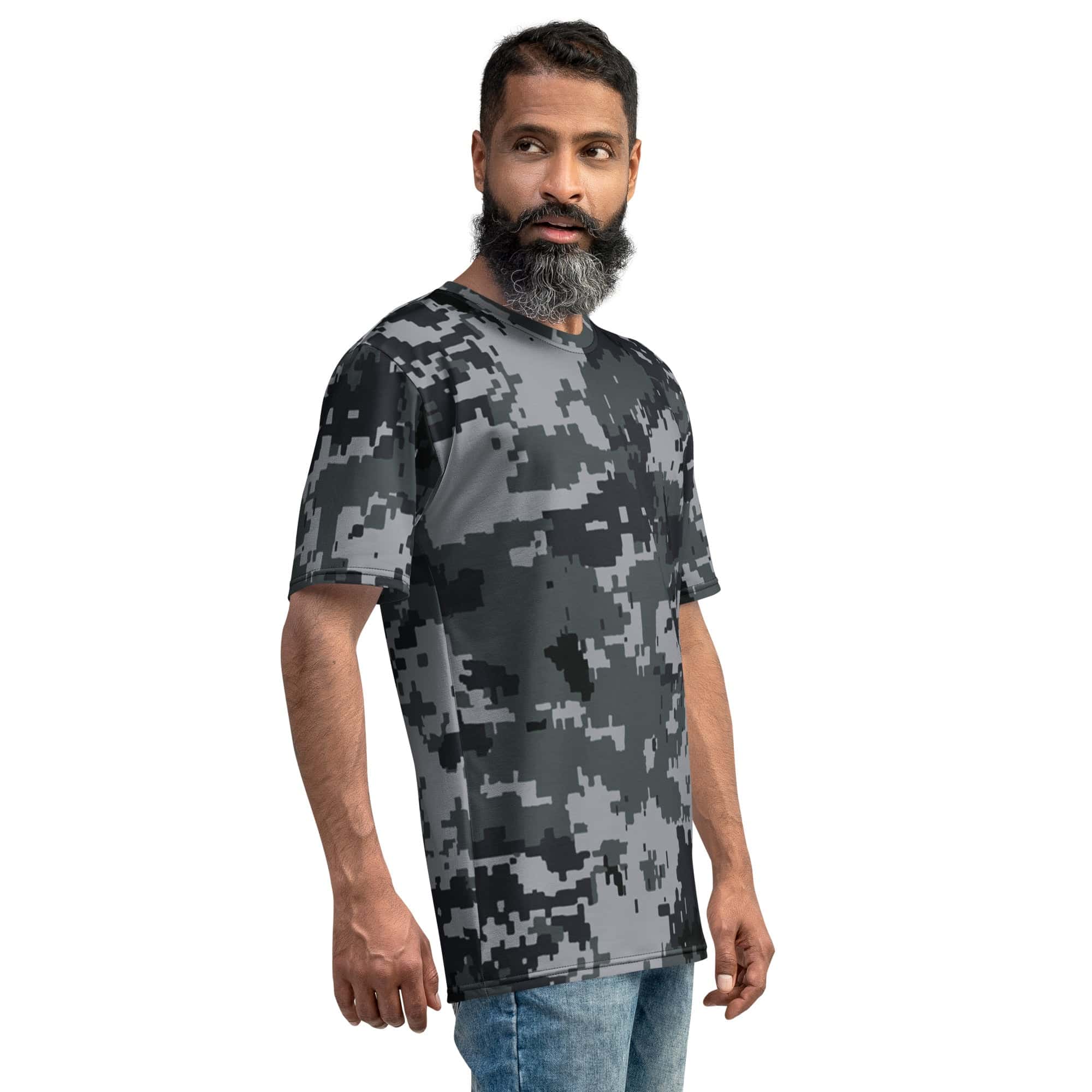Men's digital camo T-shirt on model, short sleeves and crew neck, dark gray pixel camo