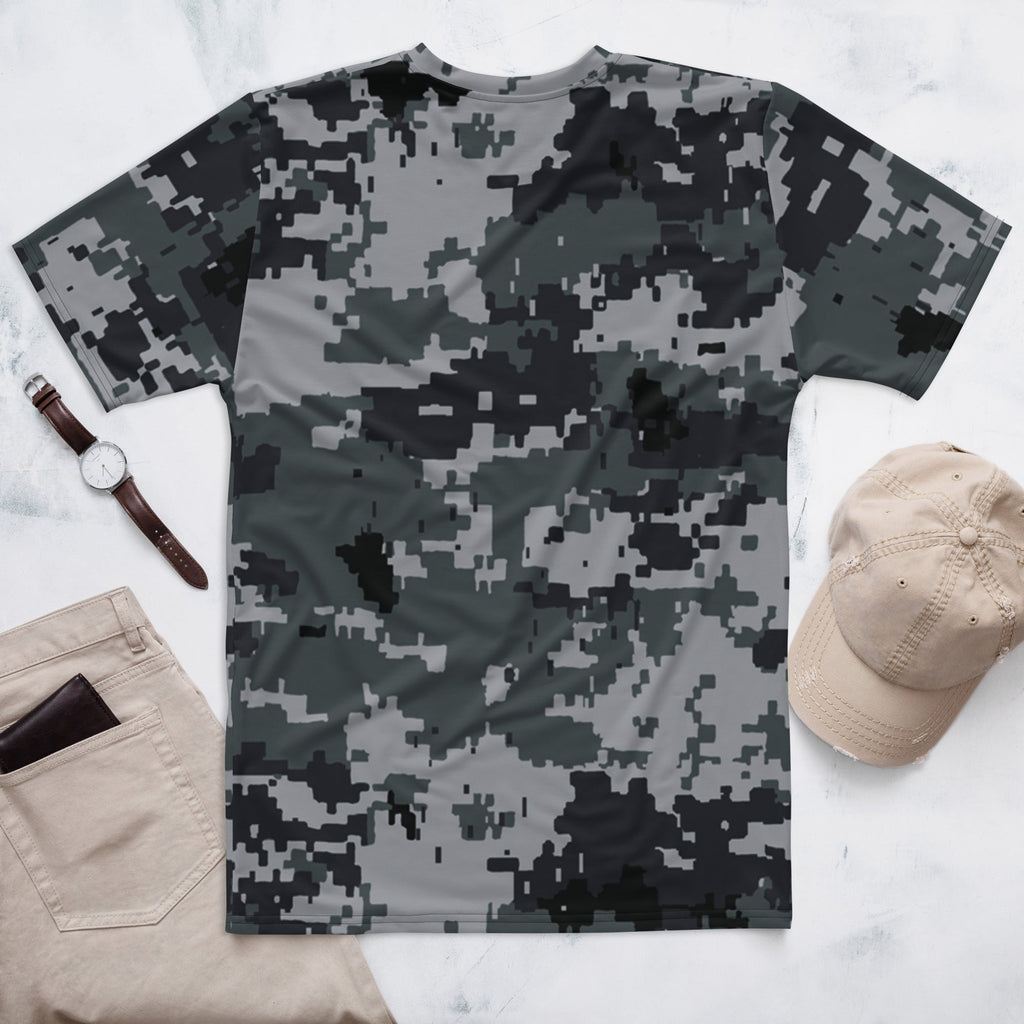 Men's digital camo T-shirt laid flat, crew neck short sleeves, dark gray/black pixel print
