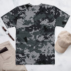 Men's digital camo T-shirt laid flat, crew neck short sleeves, dark gray/black pixel print