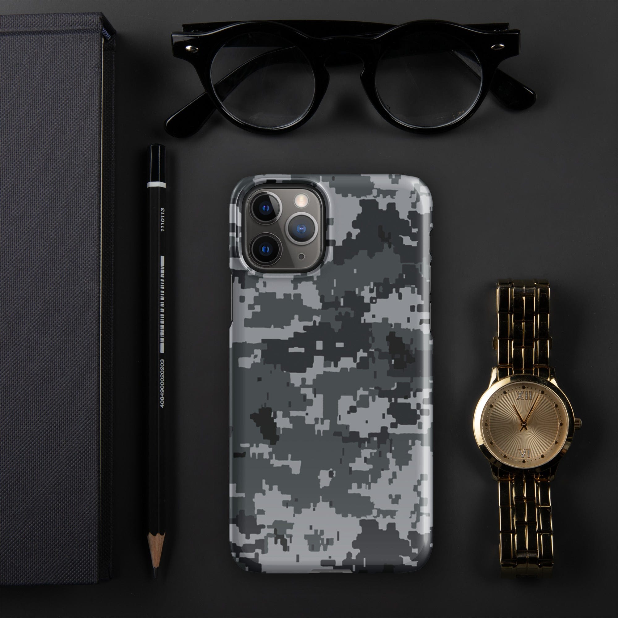 Grey digital camo snap phone case showing multi-lens camera opening