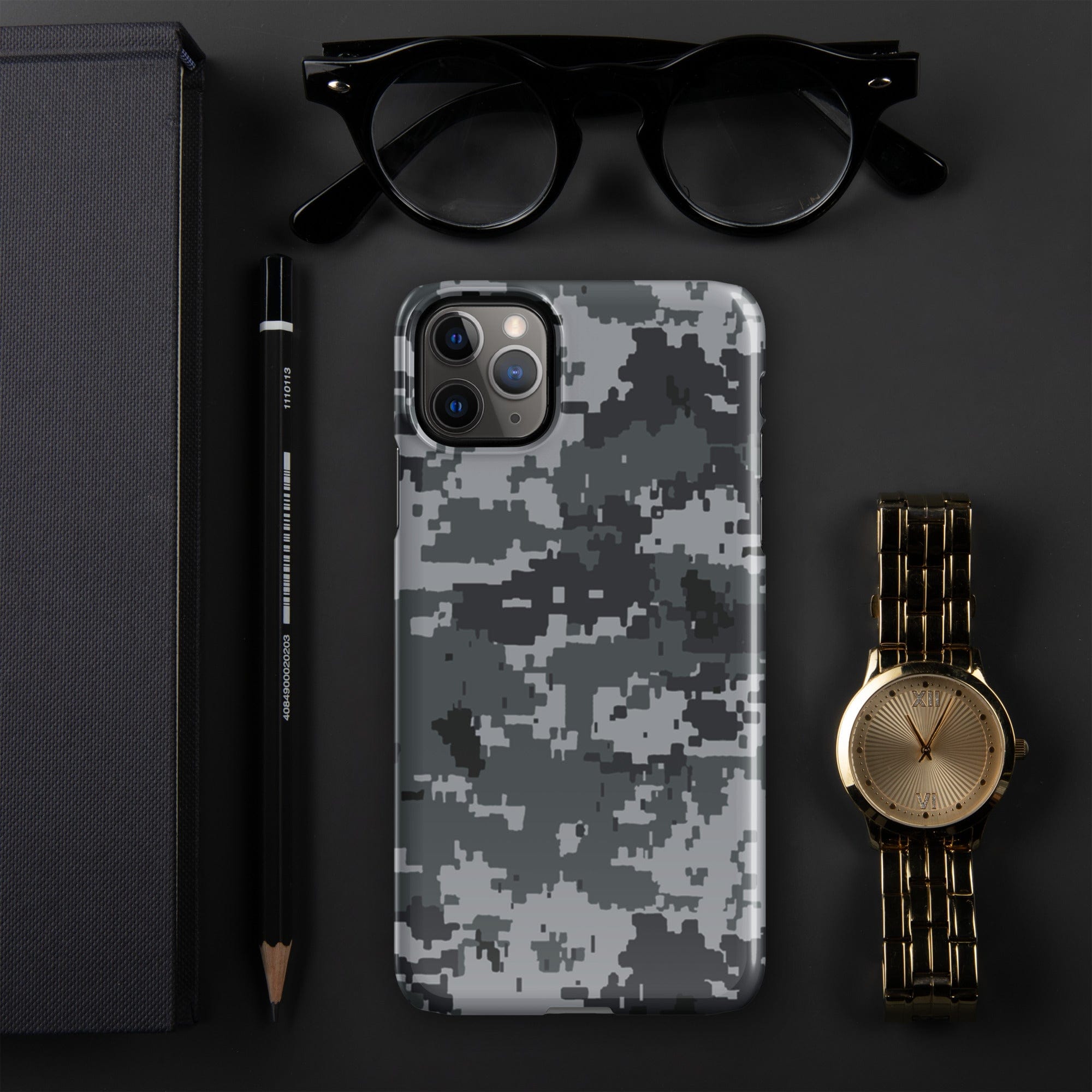Grey digital camouflage snap phone case with raised camera cutouts
