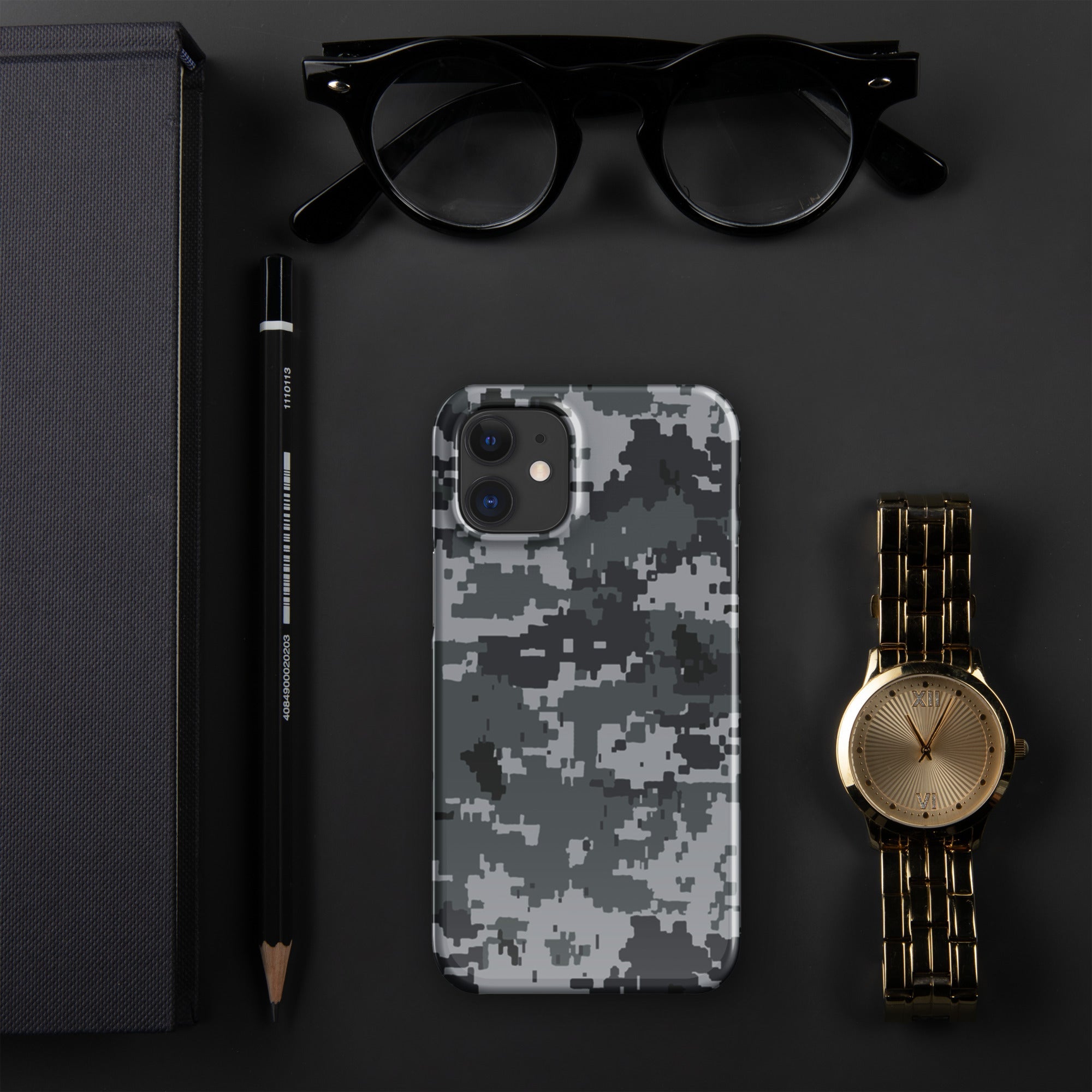 Digital camouflage snap phone case with protective camera bump and cutouts