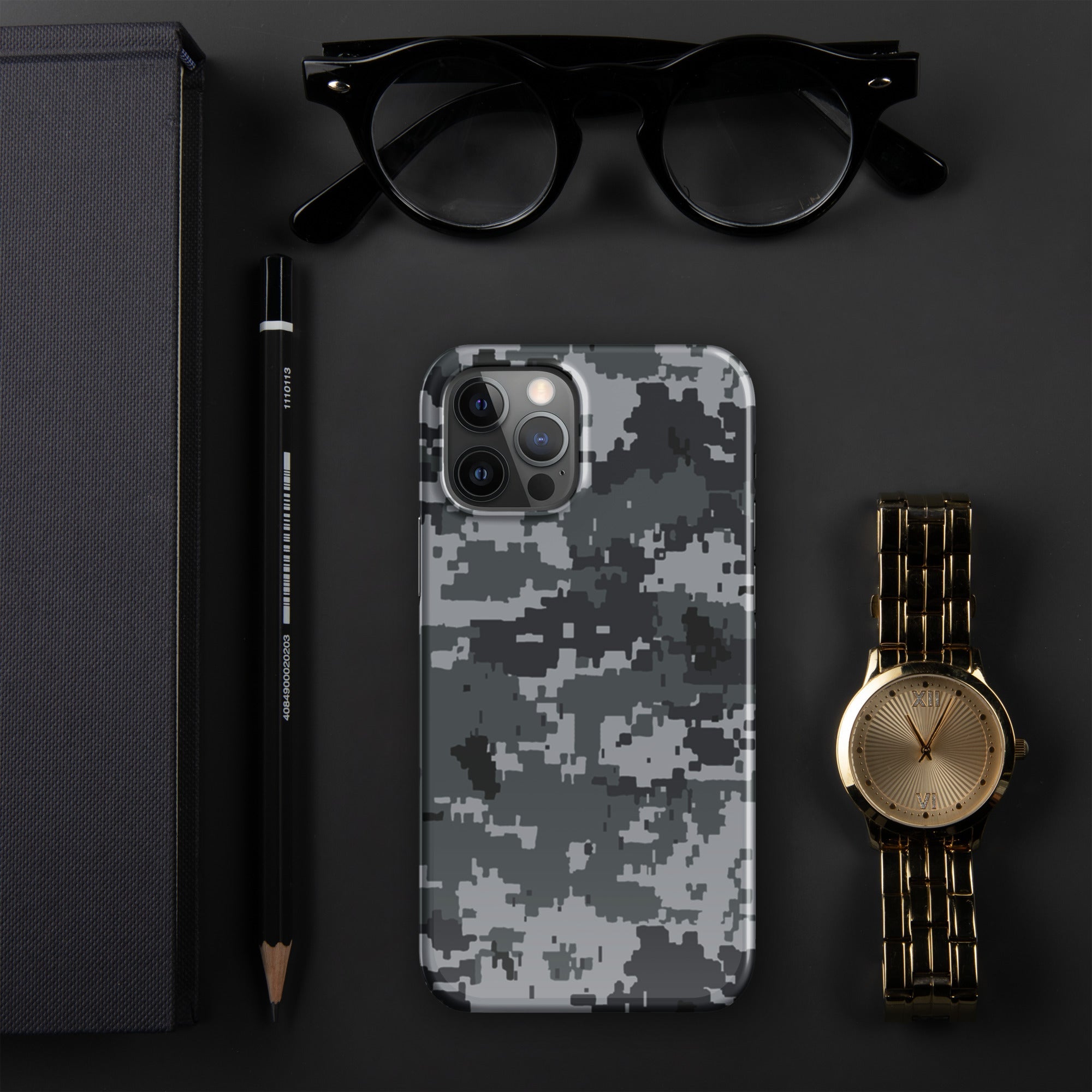 Grey digital camouflage snap phone case with front camera cutouts