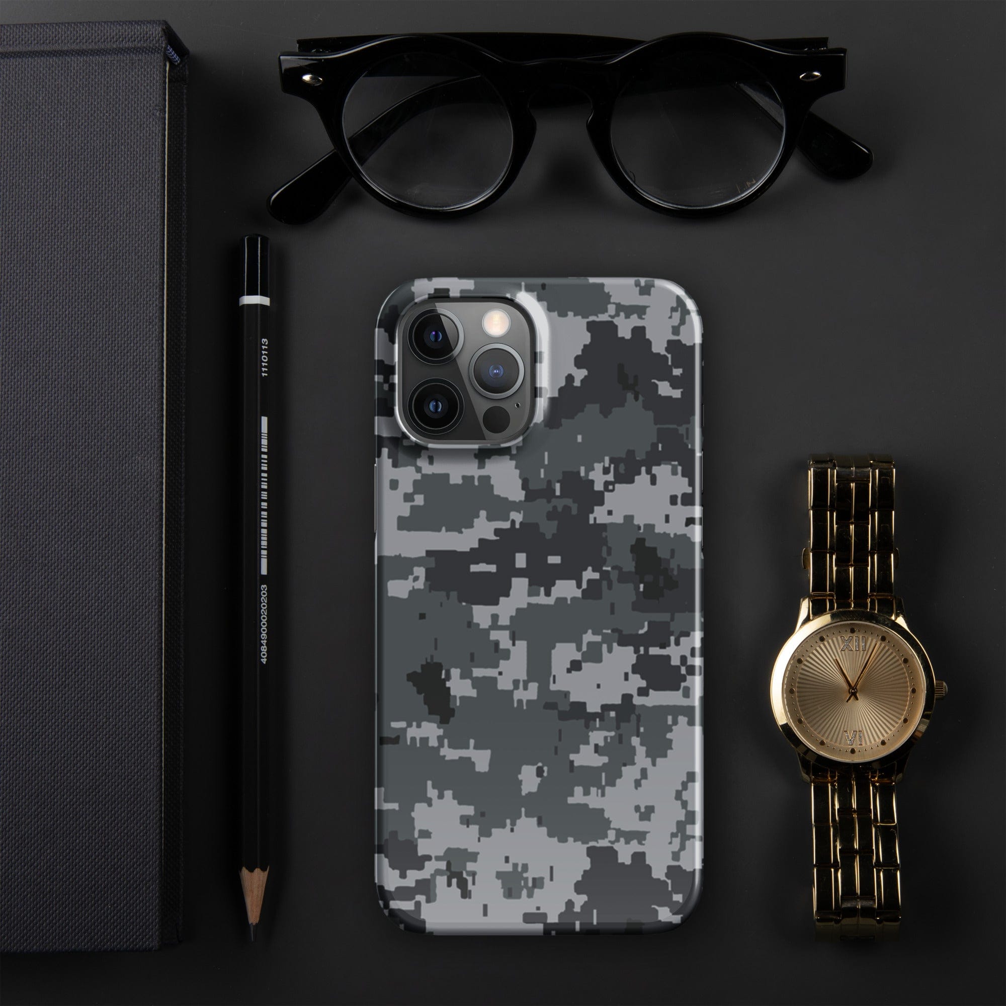 Grey digital camo snap phone case with multi-lens camera opening